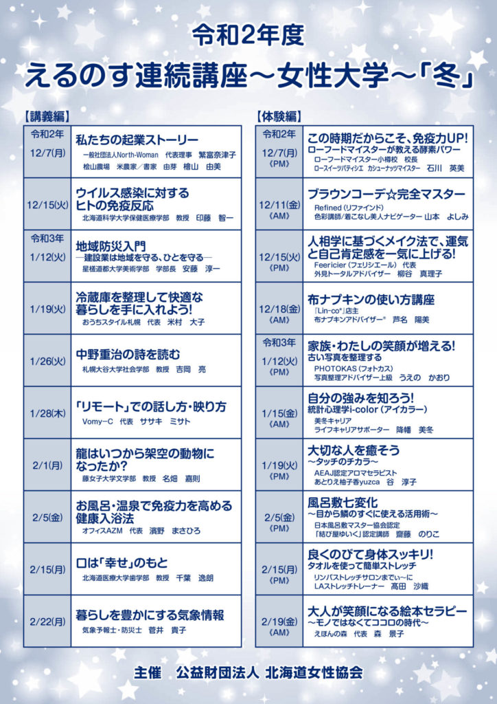 令和２年度 えるのす連続講座 女性大学 冬 女性プラザ